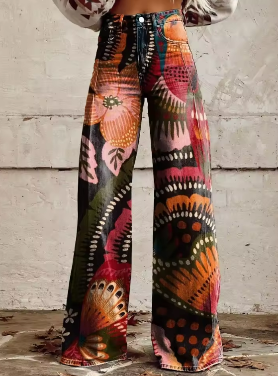 Arianne | Boho-broek met levendige artistieke print