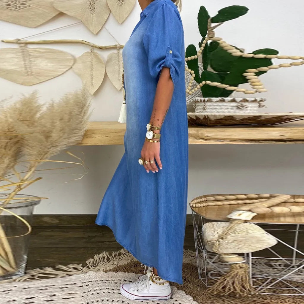 Lea | Lange Jurk in Jeanslook met Zijsplit