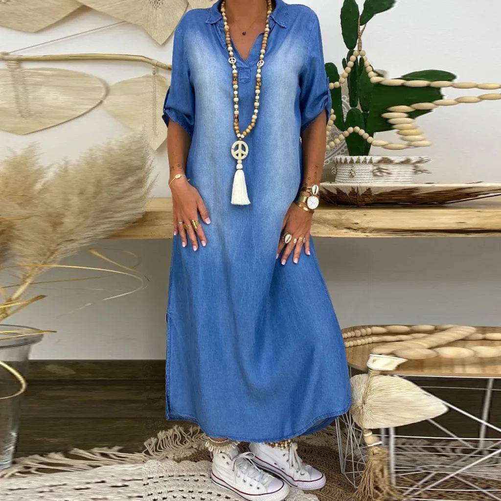 Lea | Lange Jurk in Jeanslook met Zijsplit