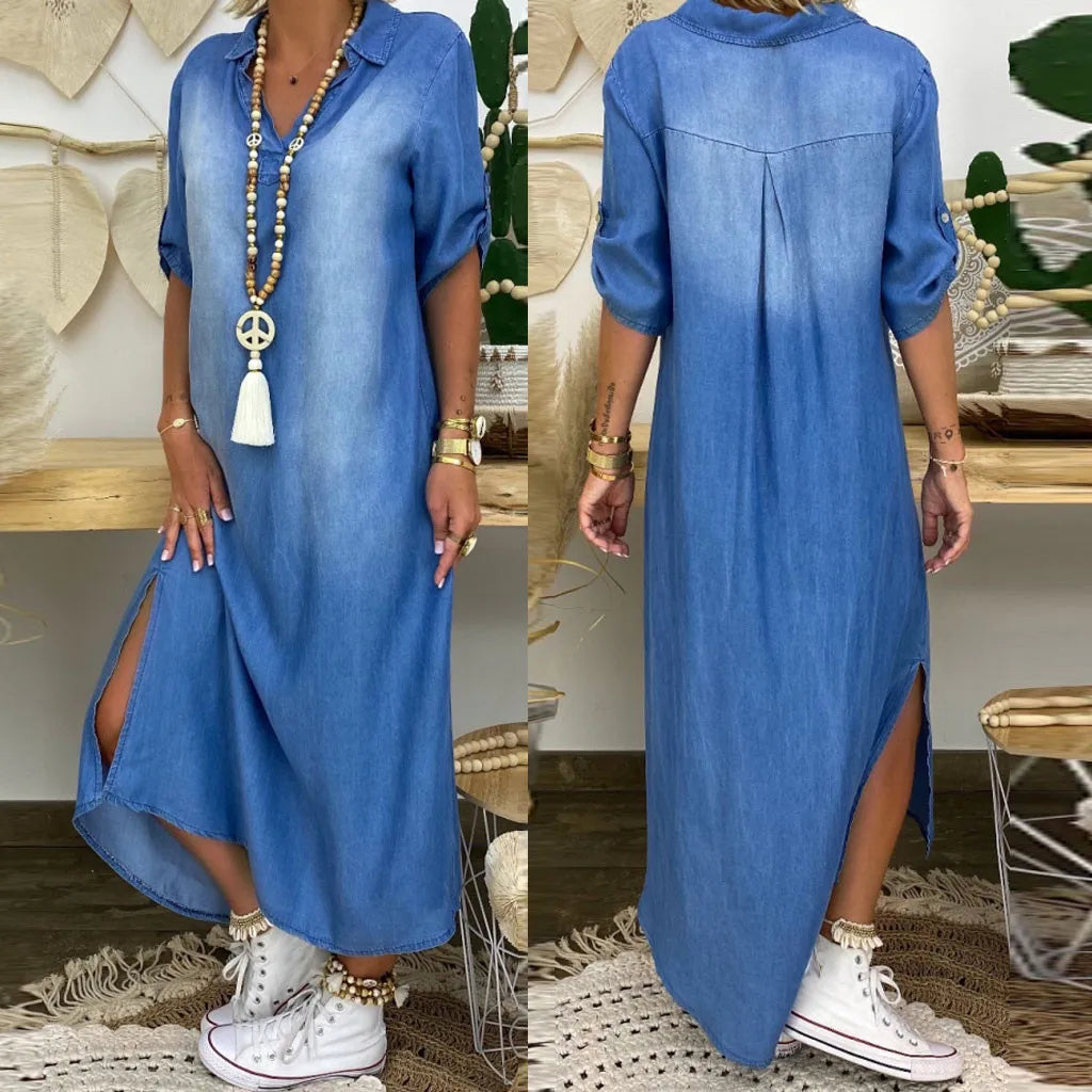 Lea | Lange Jurk in Jeanslook met Zijsplit