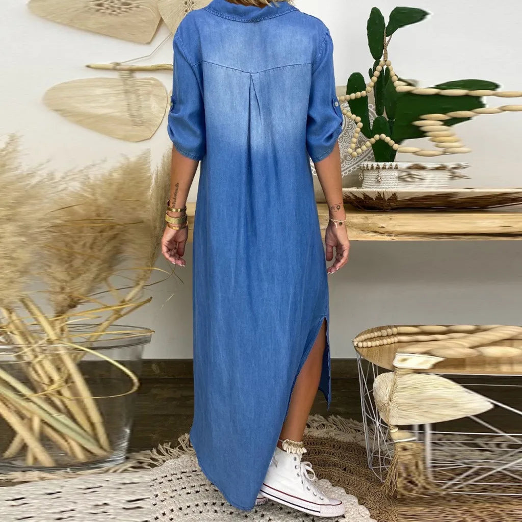 Lea | Lange Jurk in Jeanslook met Zijsplit