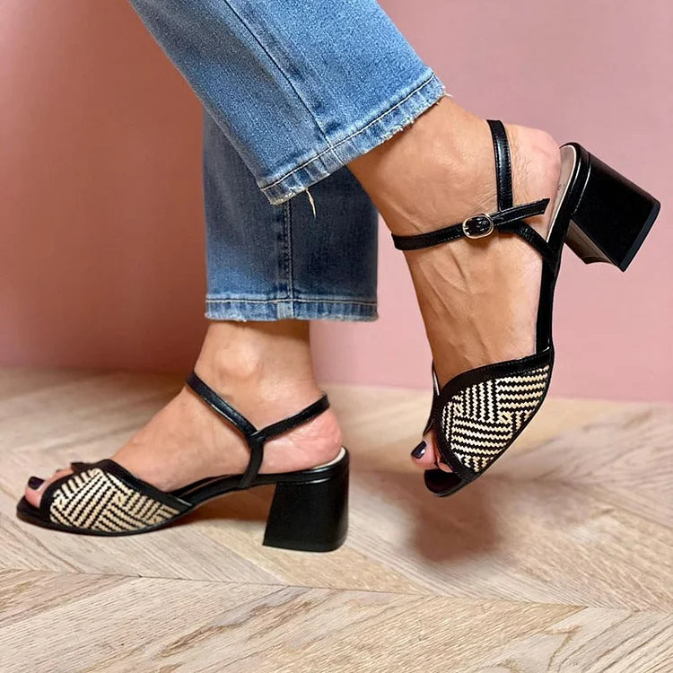 RACHELE | GEWOVEN STOF SANDALEN MET BREDE HAK
