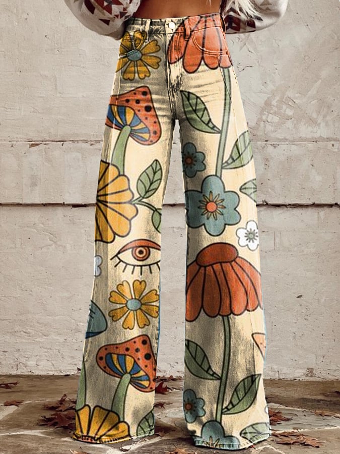 Gaia | Boho wijde jeans met speelse bloemenprint