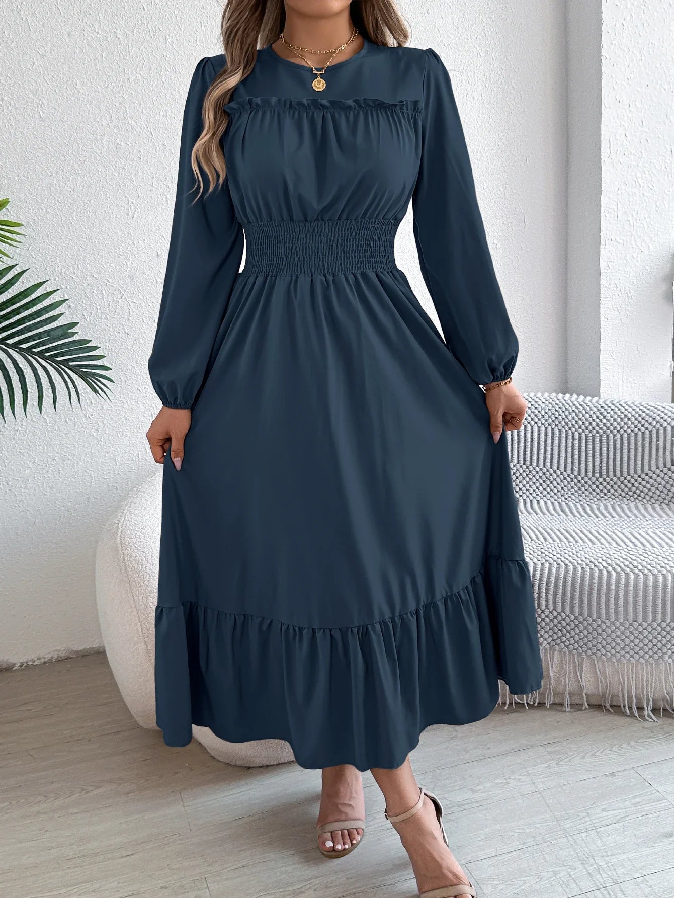 Teresa | Rimpelige Lange Mouwen Midi Jurk