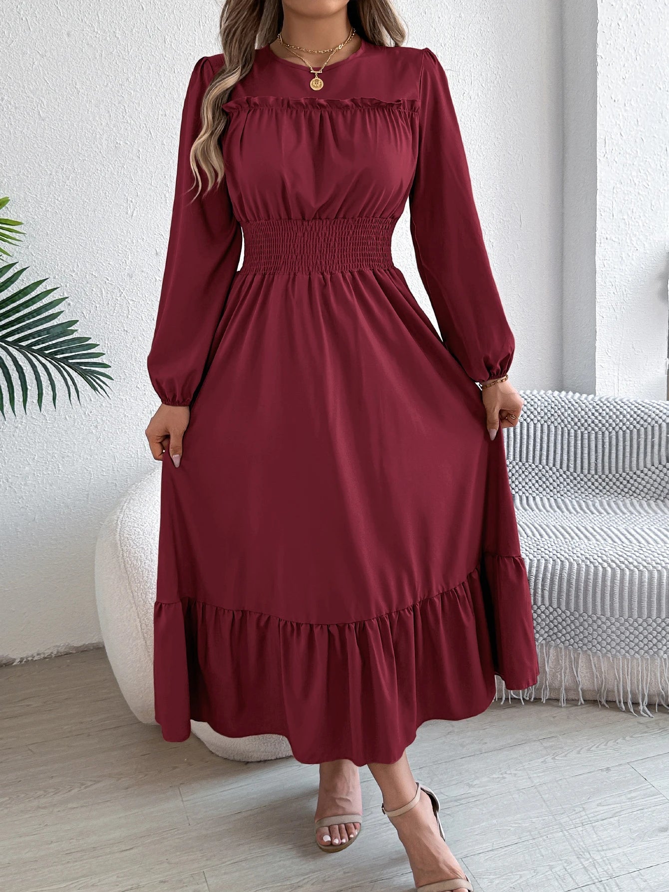 Teresa | Rimpelige Lange Mouwen Midi Jurk