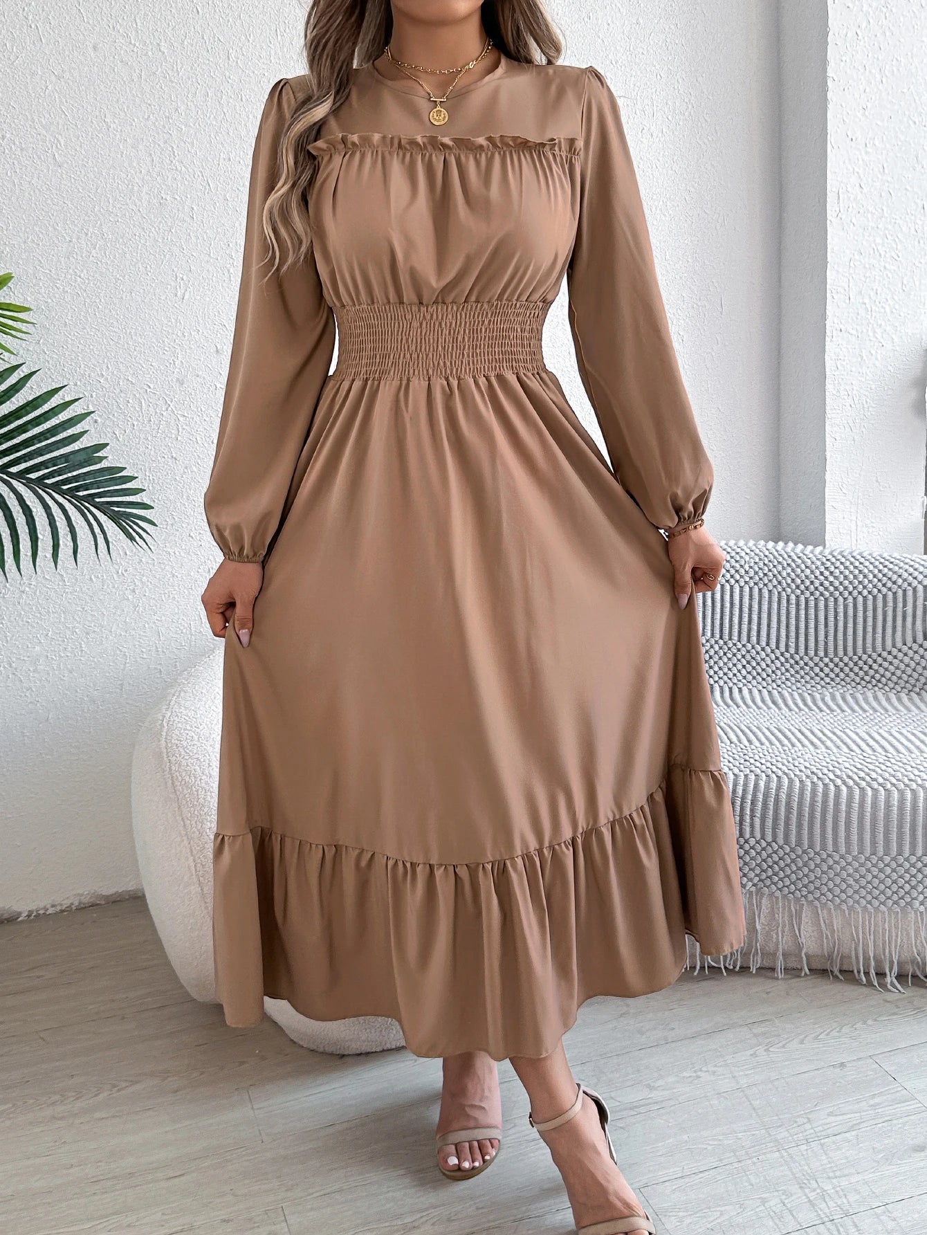 Teresa | Rimpelige Lange Mouwen Midi Jurk
