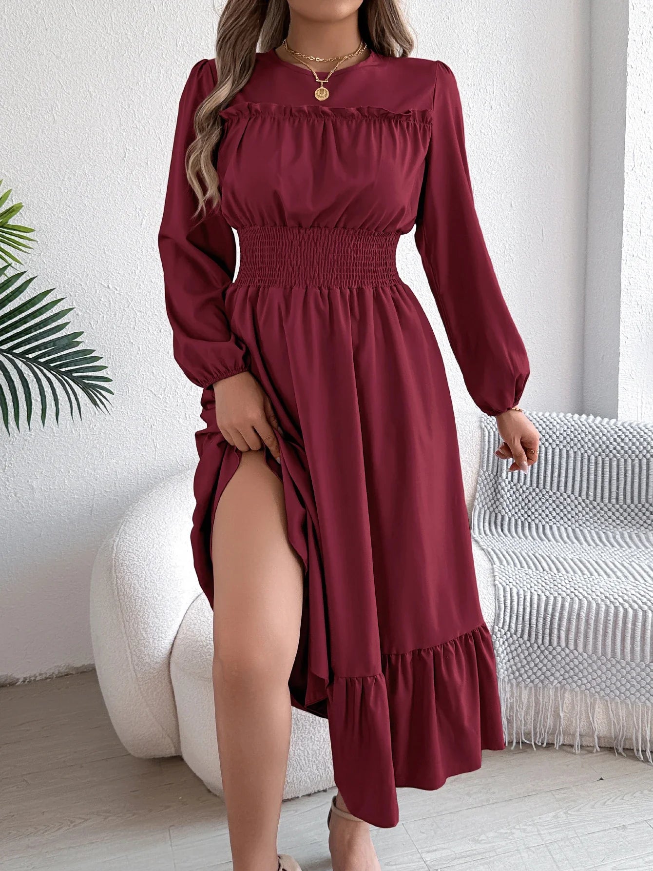 Teresa | Rimpelige Lange Mouwen Midi Jurk