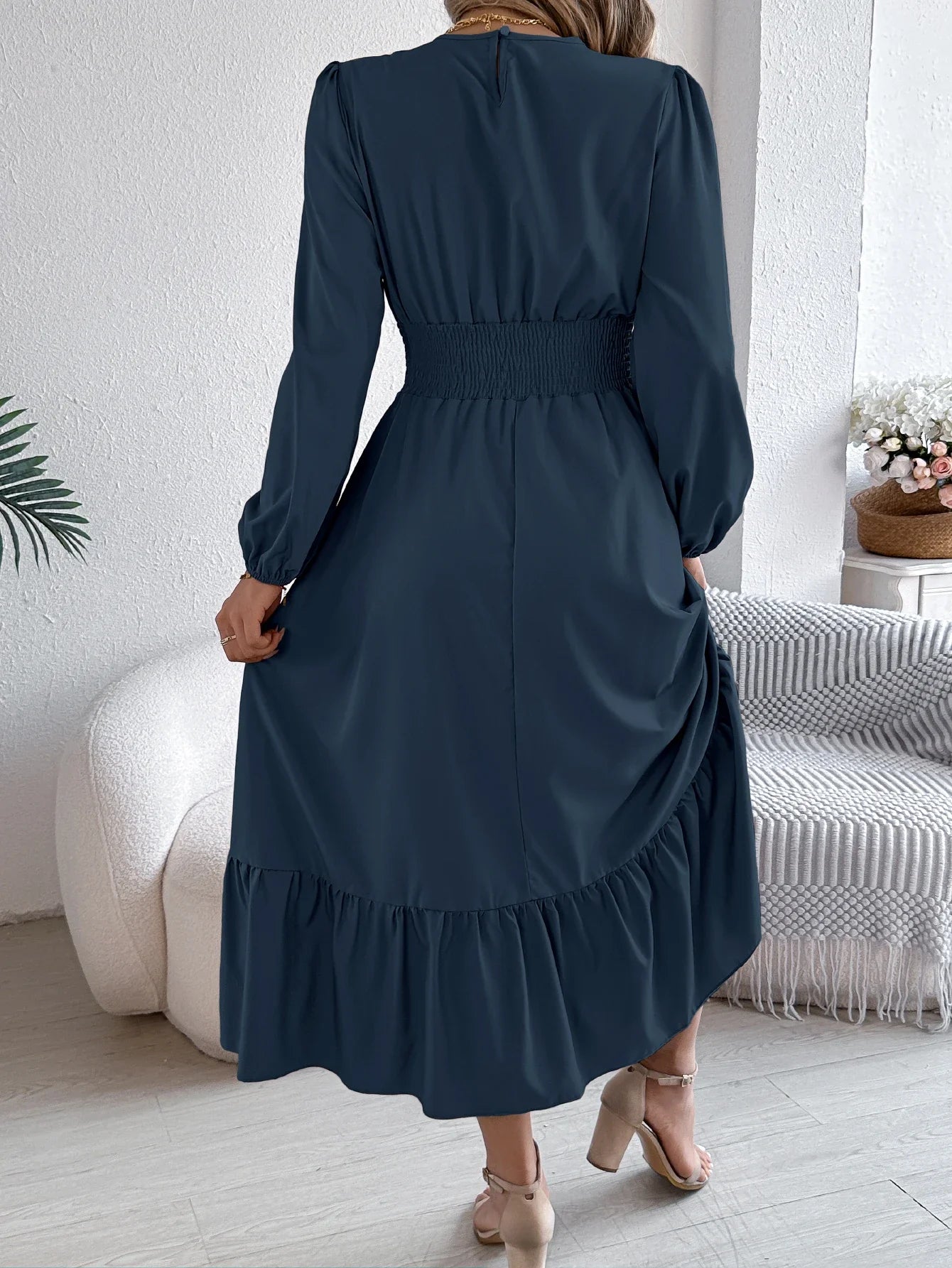 Teresa | Rimpelige Lange Mouwen Midi Jurk