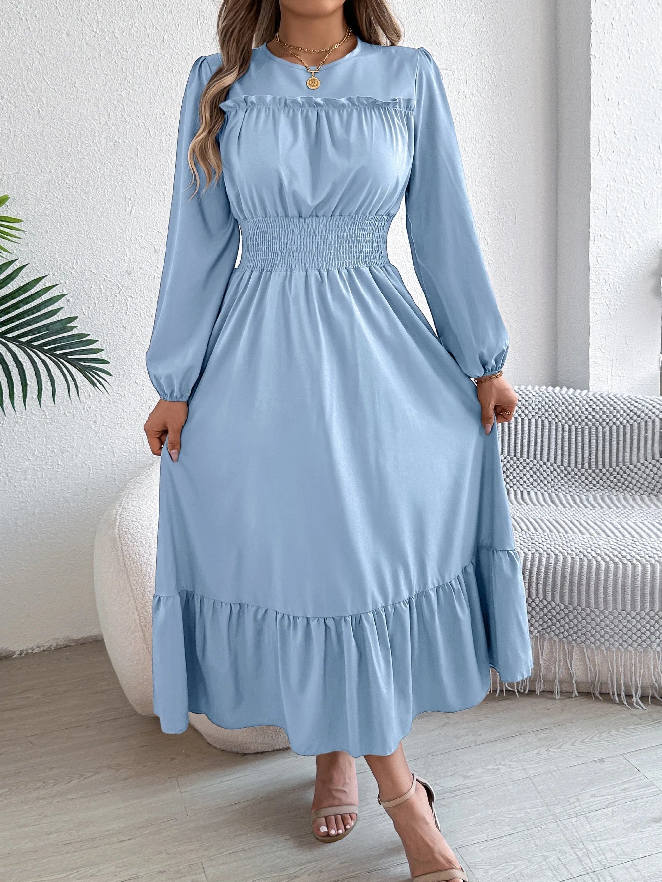 Teresa | Rimpelige Lange Mouwen Midi Jurk
