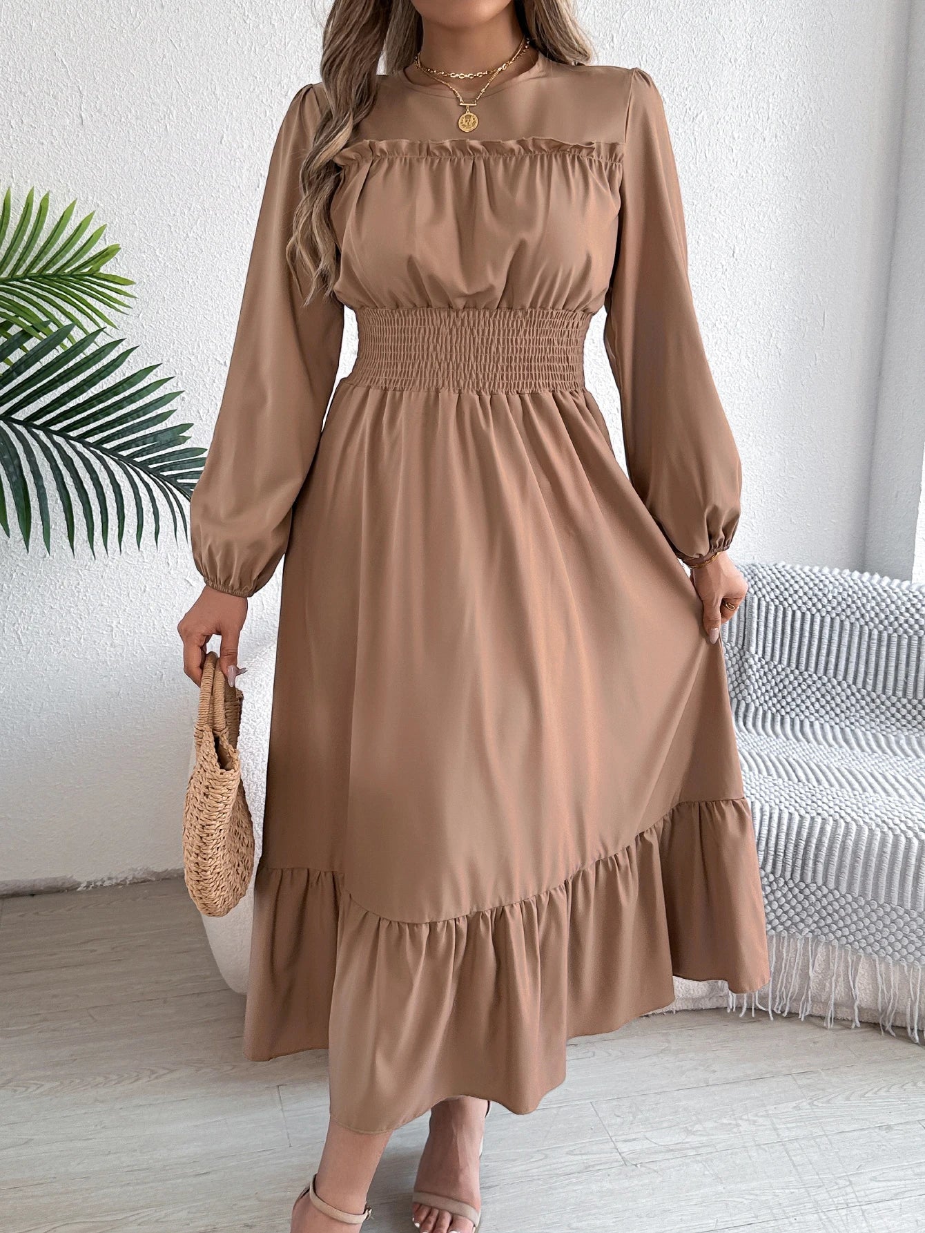 Teresa | Rimpelige Lange Mouwen Midi Jurk