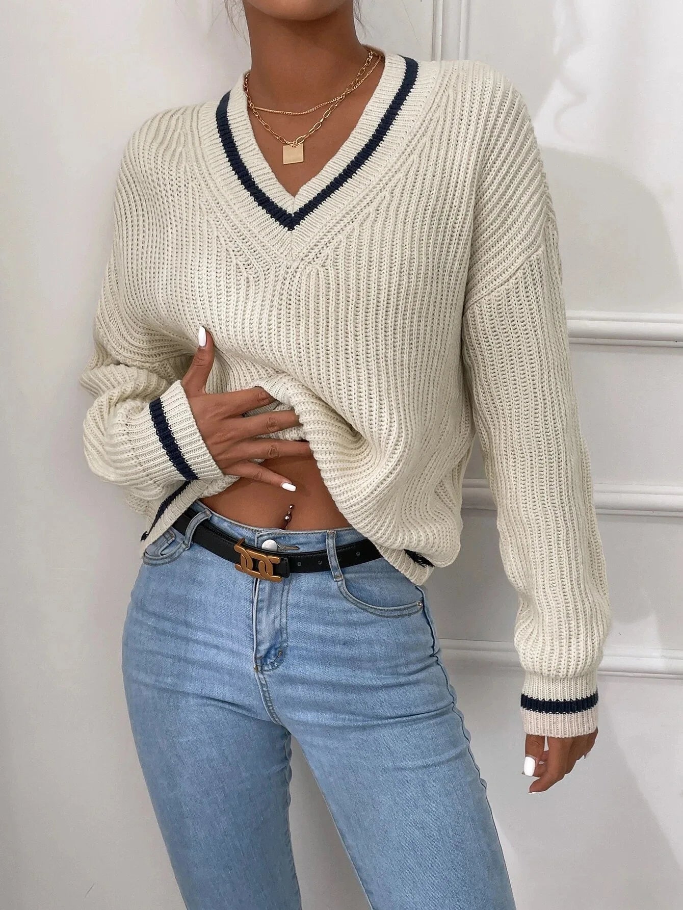 Marina | Gestreepte Wafelbrei Pullover