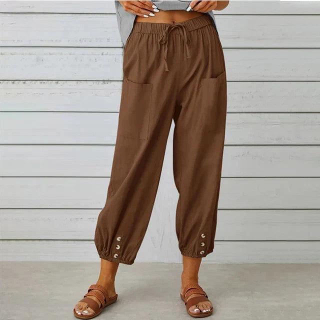 Zuri - Hoge Taille Losse Katoenen Linnen Broek