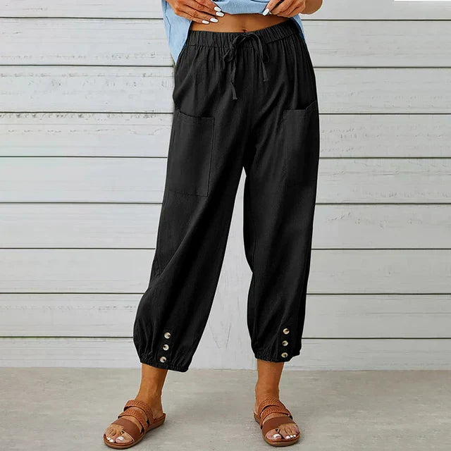 Zuri - Hoge Taille Losse Katoenen Linnen Broek