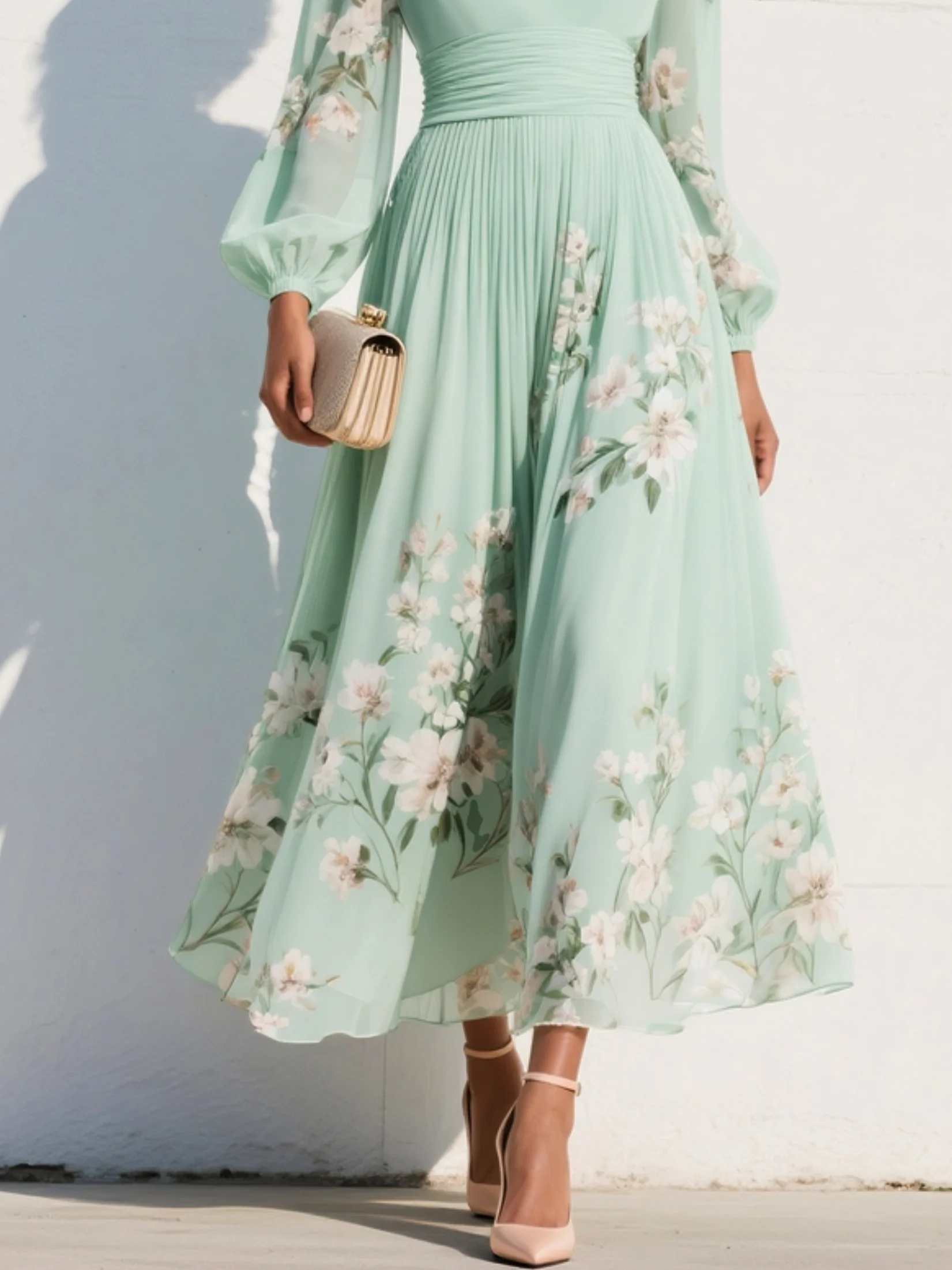 Lichtgroene V-hals chiffon geplooide bloemen midi jurk
