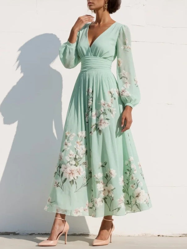 Lichtgroene V-hals chiffon geplooide bloemen midi jurk