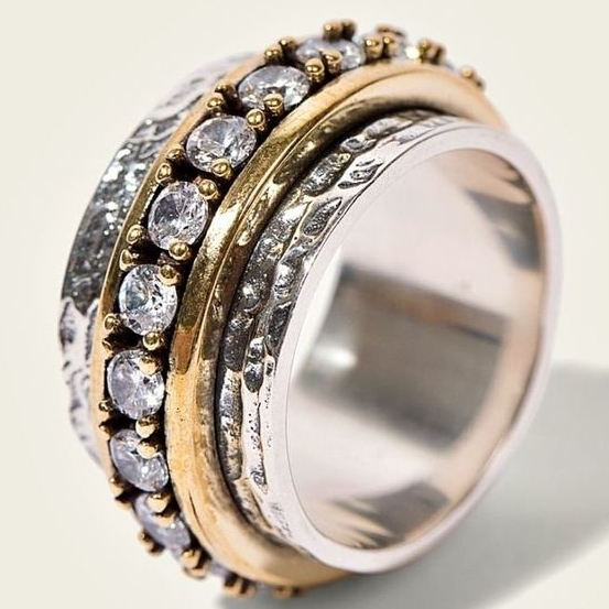 Vintage Gouden en Zilveren Ring met Zirkonia