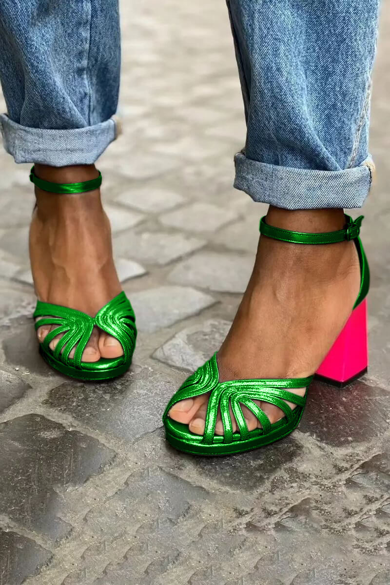 LUMA | Elegante Metallic Hakken Sandalen met Fluorescerende Hak voor een Unieke Stijl