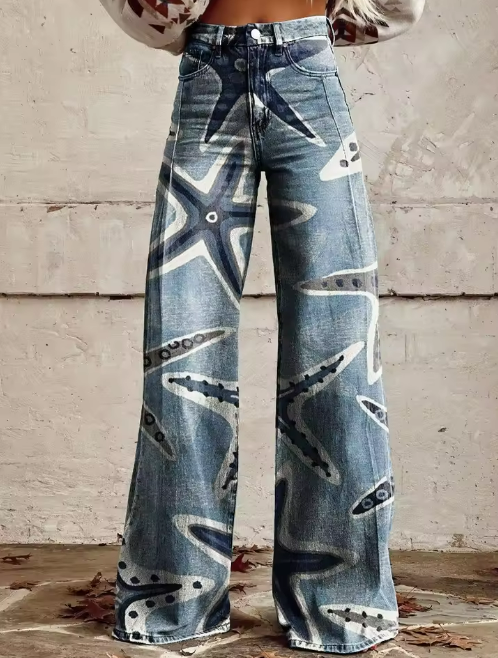 Paola | Boho wijde jeans met speels patroon