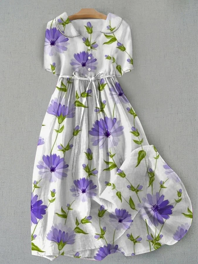 Sage - Retro Vetersluiting Taille Halve Mouw Bloemenjurk
