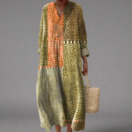 Vivienne | Aardse Patchwork Gestippelde Maxi Jurk