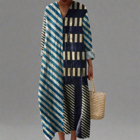 Martha | Moderne Patchwork Gestreepte Maxi Jurk