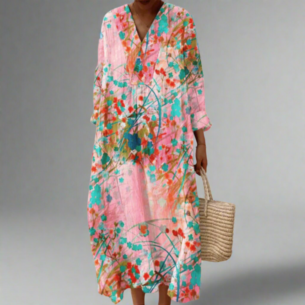 Lana | Zachte Blush Bloemen Flow Maxi Jurk