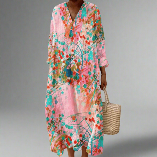 Lana | Zachte Blush Bloemen Flow Maxi Jurk