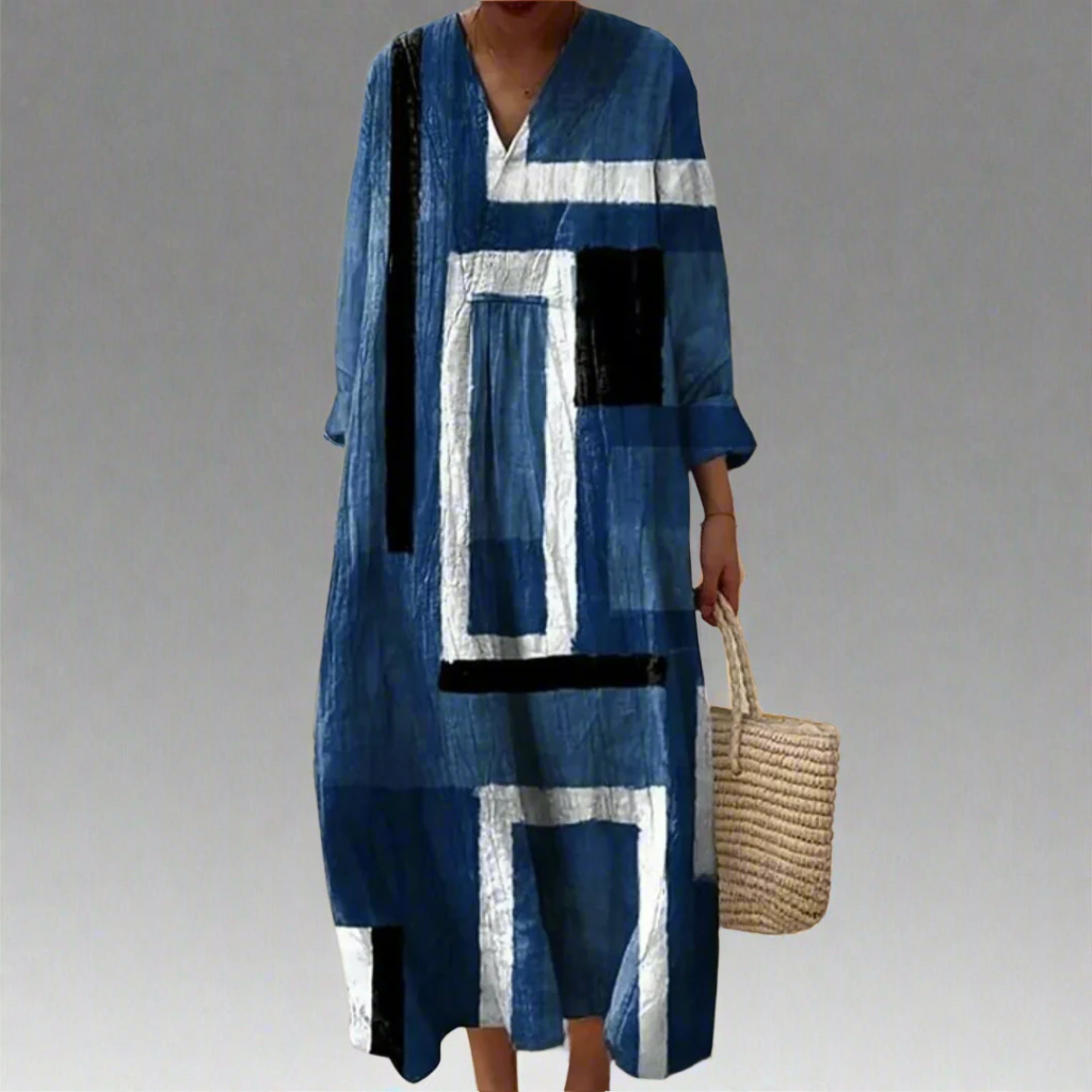 Evelyn | Abstract Marineblauwe Loose-Fit Maxi Jurk