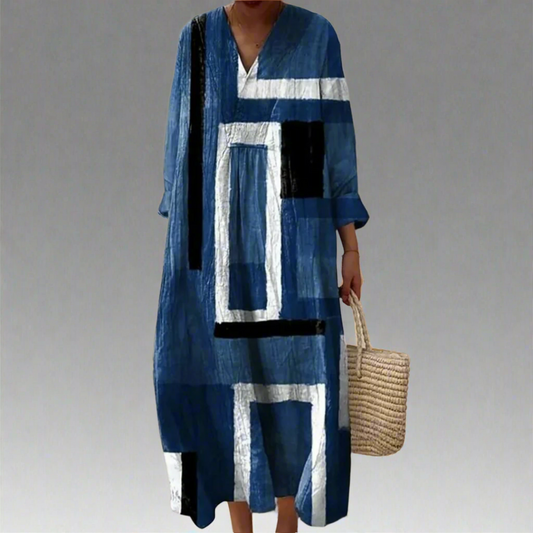 Evelyn | Abstract Marineblauwe Loose-Fit Maxi Jurk