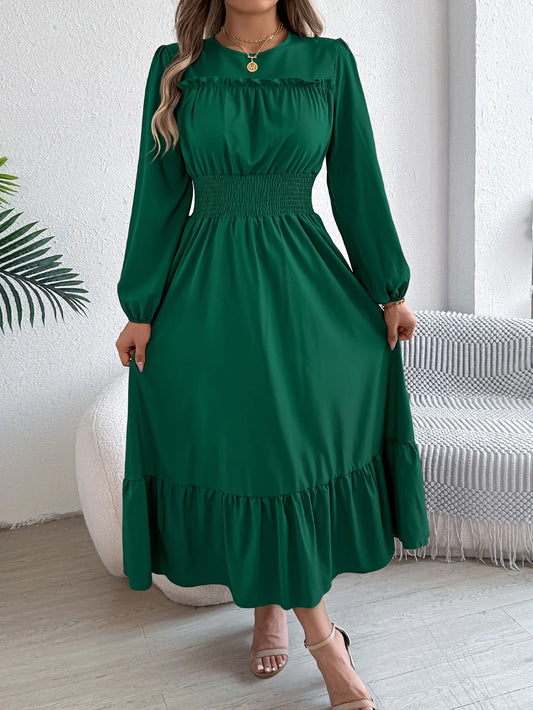 Teresa | Rimpelige Lange Mouwen Midi Jurk