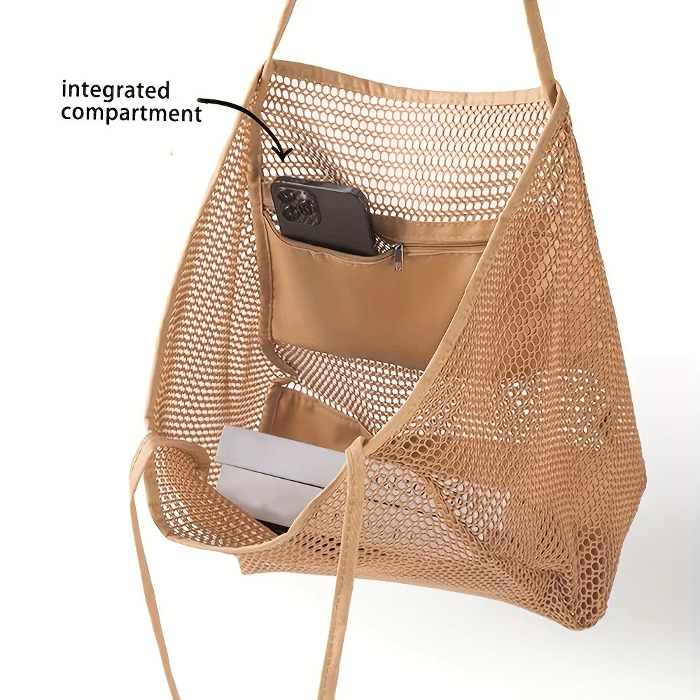 Selene | Elegante mesh strandtas met geïntegreerd vak