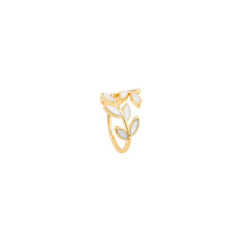 Verstelbare Gouden Ring met Blad en Witte Opale