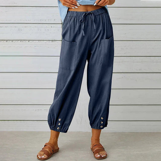 Zuri - Hoge Taille Losse Katoenen Linnen Broek