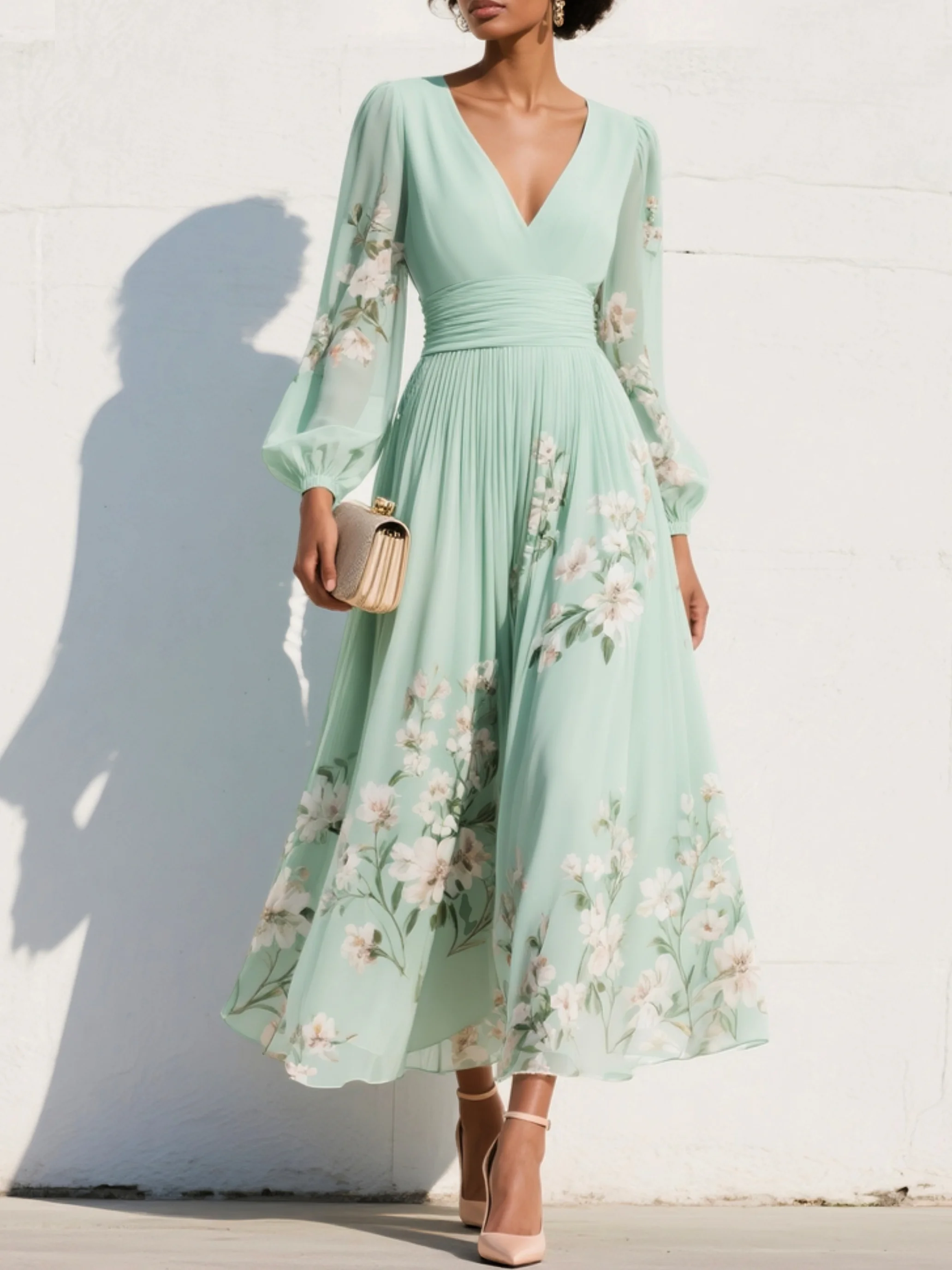 Lichtgroene V-hals chiffon geplooide bloemen midi jurk