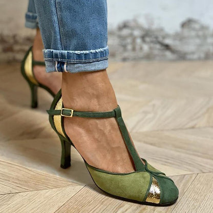 Alona™ | Elegante patchwork pumps met T-bar en gesloten neus voor een verfijnde stijl
