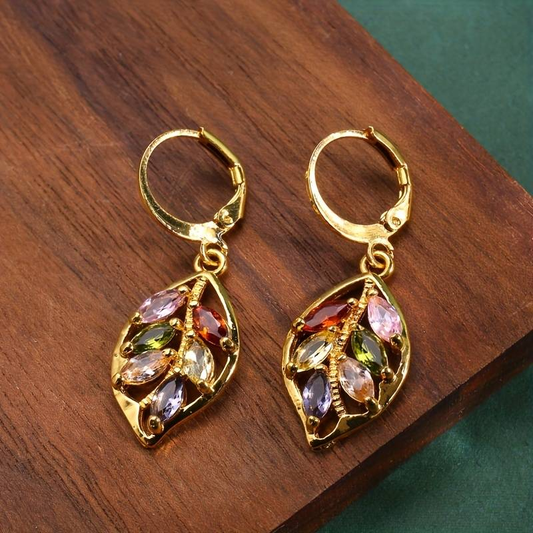 Vintage Gouden Blad Oorbellen met Kleurige Zirkonia