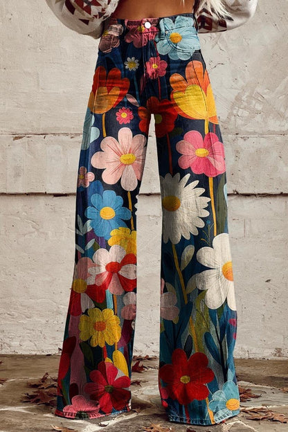 Martha | Retro bloesem jeans met wijde pijpen